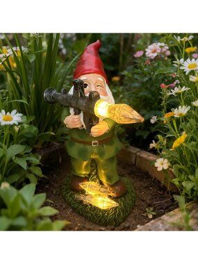 Large Solar Garden Gnome Statue - Military Soldier Decor, Patriotic Hunter